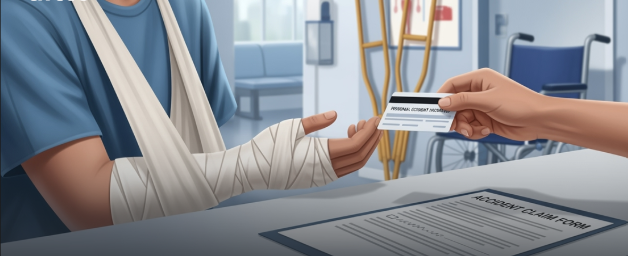 A person with an arm in a cast handing over an accident claim card