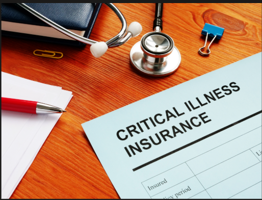 A critical illness insurance claim form on a desk beside a stethoscope