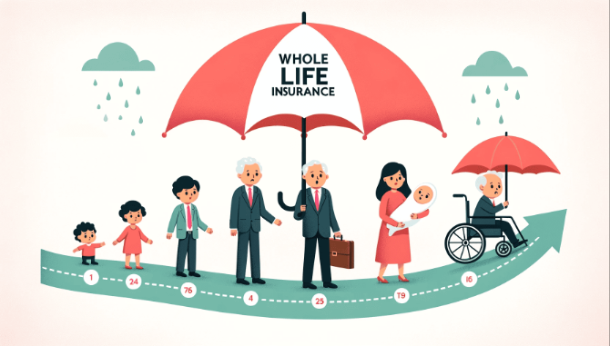 Illustration of a family growing older beneath a protective umbrella